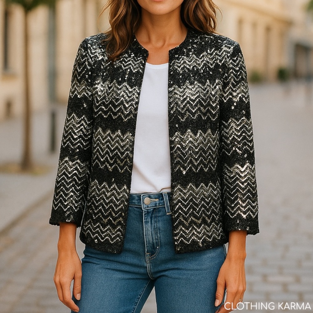 Lee Jordan 80's Vintage Chevron Sequin Cardigan Open Front Evening Jacket
